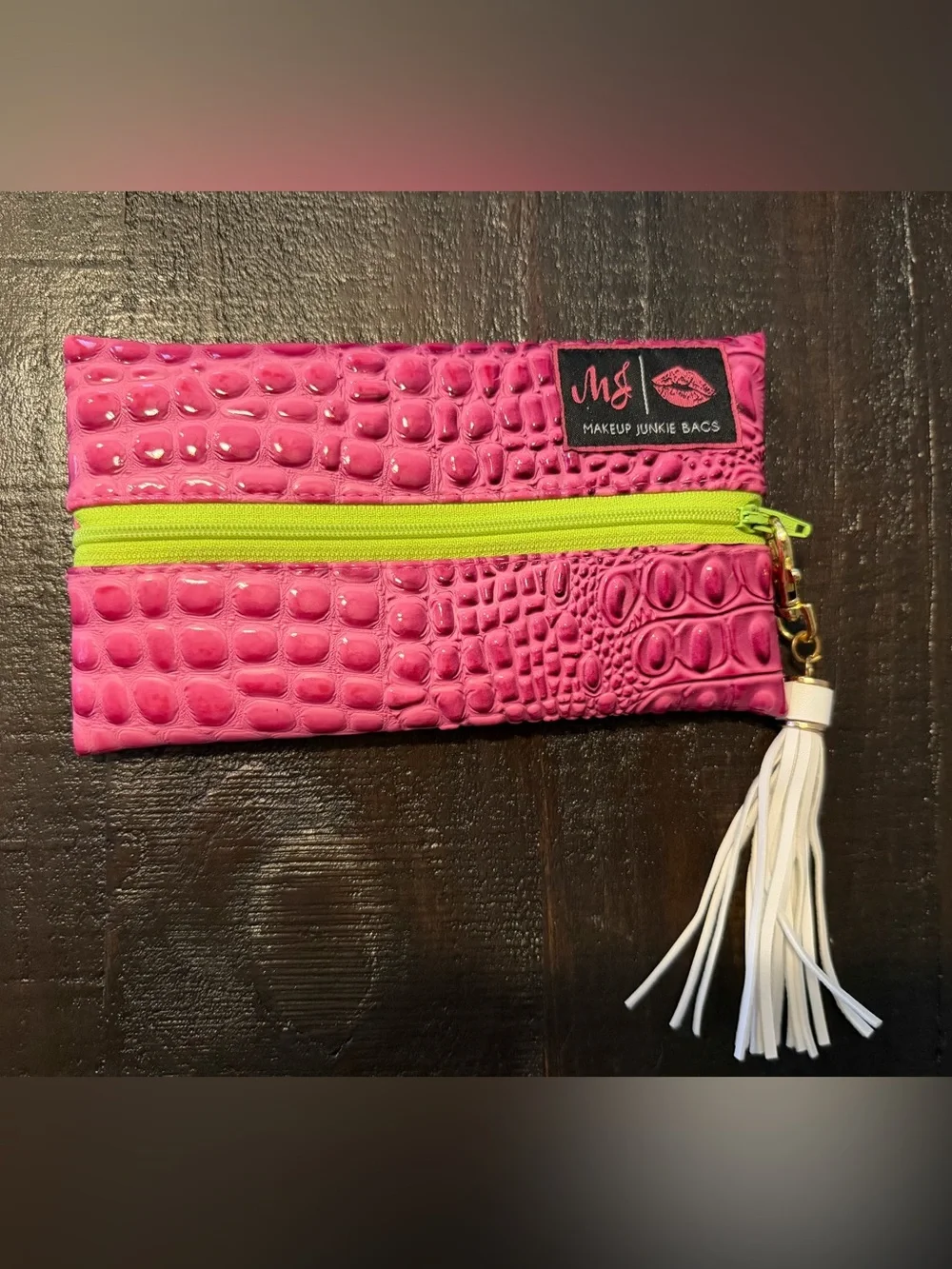 Makeup Junkie - Mini Hot Pink Croc-Embossed Cosmetic Pouch with Lime Zipper